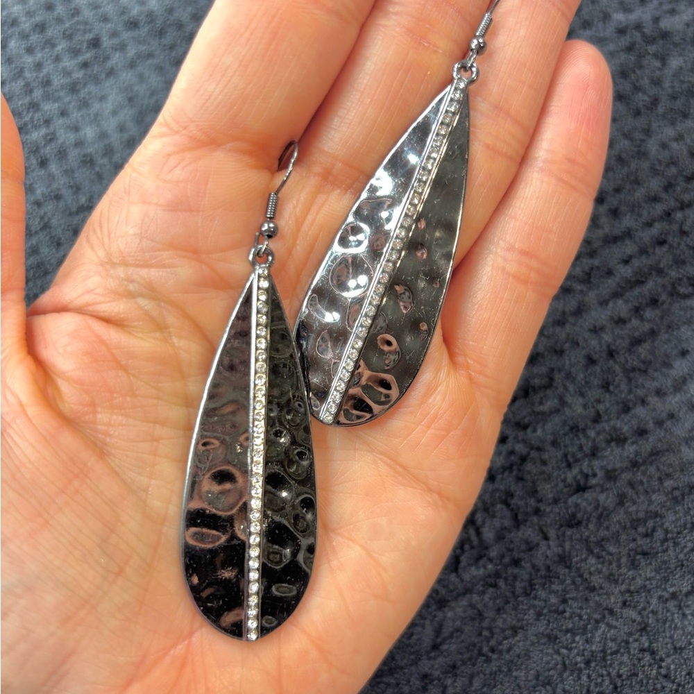 Gun Metal Teardrop Hammered Dangle Earrings with Crystal Accent